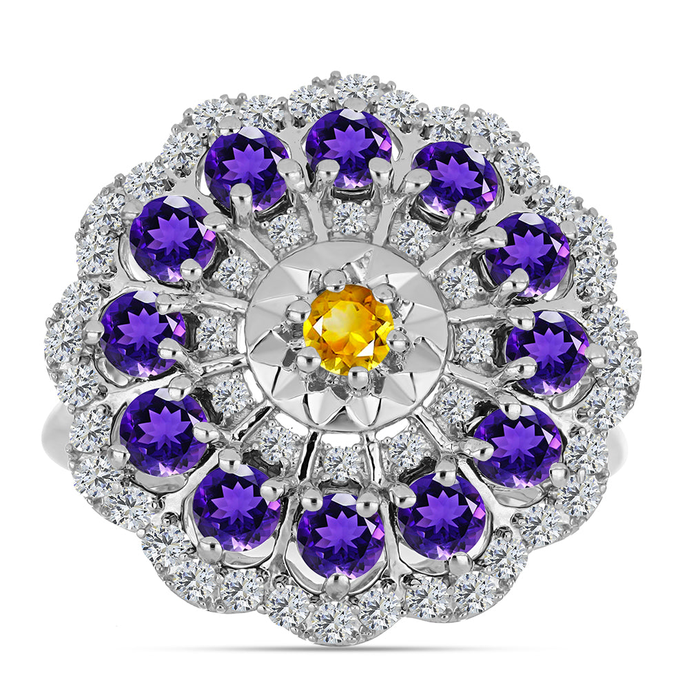 Stříbro 925/1000 Prsten s Uralským Citrínem a Marockým Ametystem - Karátové číslo: 2.34. přibližná hmotnost: 5.08 gramů