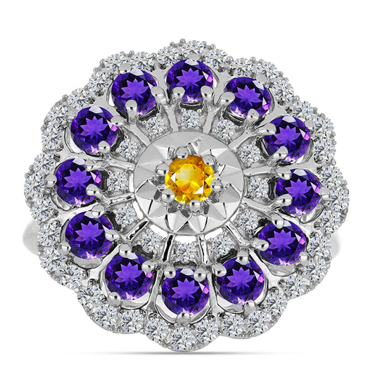 Stříbro 925/1000 Prsten s Uralským Citrínem a Marockým Ametystem - Karátové číslo: 2.34. přibližná hmotnost: 5.08 gramů