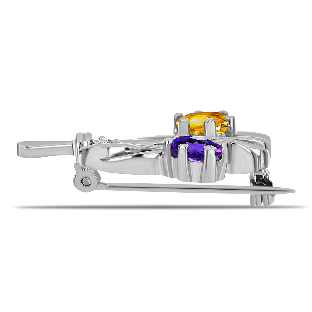 Stříbrný Brož s Uralským Citrínem a Marockým Ametystem