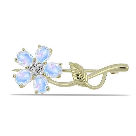 Pozlacené stříbro 925/1000 Brož s Duhovým Měsíčním Kamenem a Bílým Topazem - Karátové číslo: 1.72. přibližná hmotnost: 3.23 gramů