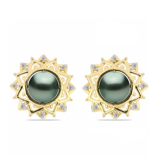 Pozlacené stříbro 925/1000 Náušnice se Sladkovodní perlou v podobě Tahitské zelené iluze a Bílým Topazem - Karátové číslo: 1.71. přibližná hmotnost: 5.36 gramů