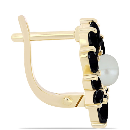 Pozlacené Stříbro 925/1000 - Náušnice se Sladkovodní perlou v podobě Tahitské zelené iluze a Černým Onyxem - Karátové číslo: 3.95. přibližná hmotnost: 4.75 gramů