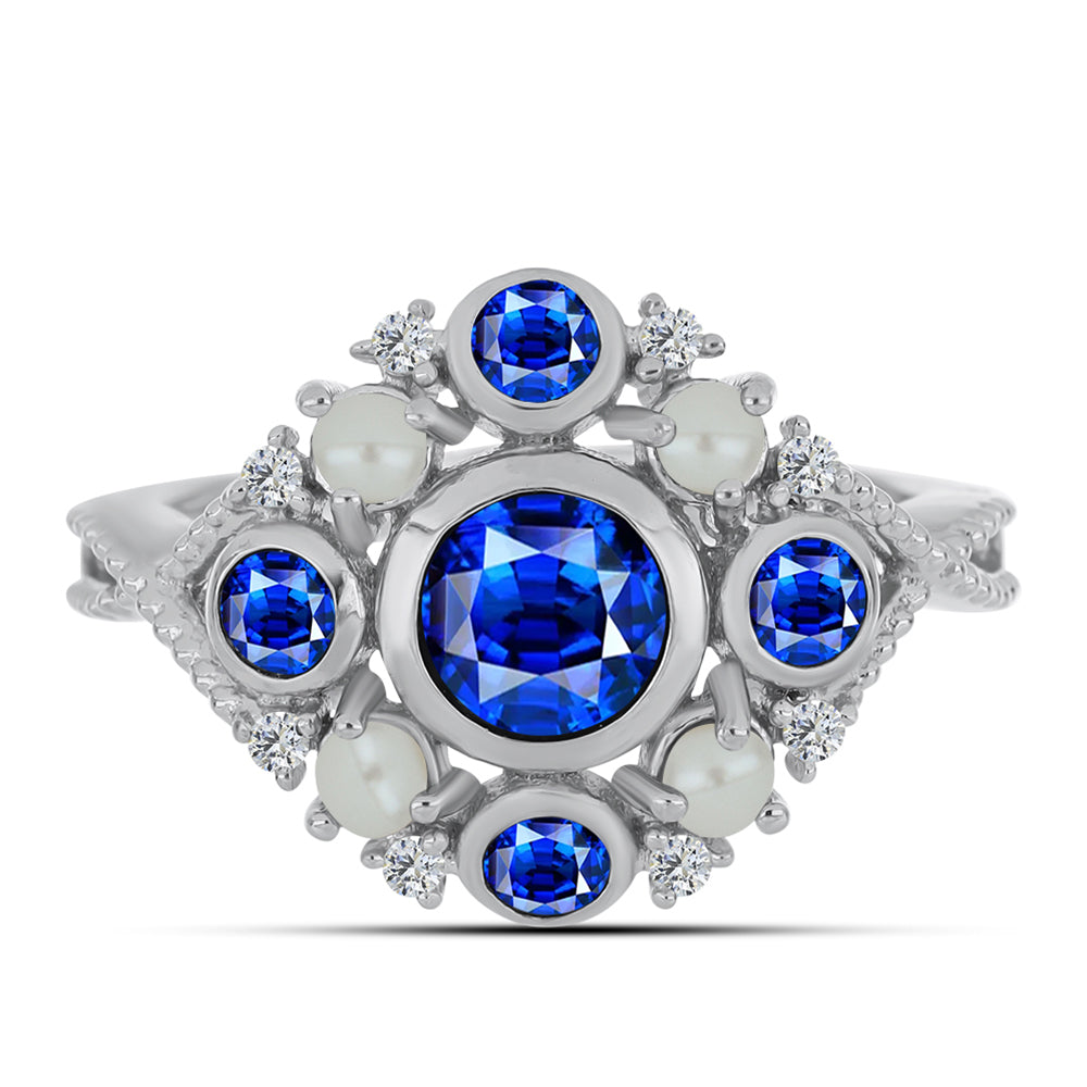 Stříbro 925/1000 - Prsten s Australským Modrým Safírem a Bílou Sladkovodní Perlou - Karátové číslo: 2.43. přibližná hmotnost: 4.45 gramů