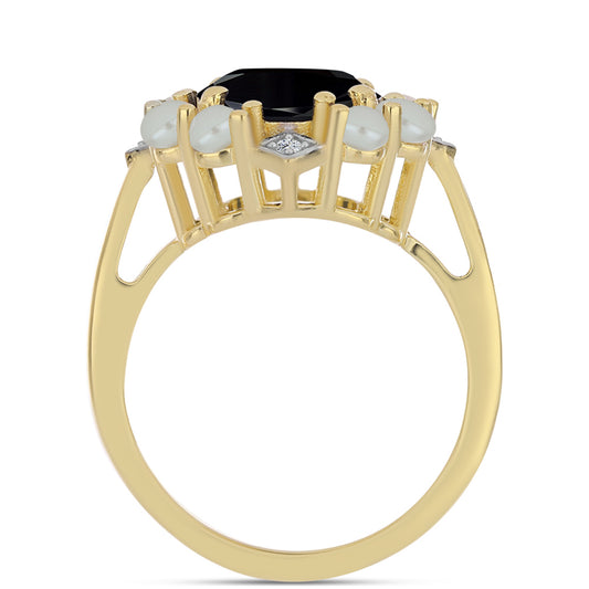 Pozlacený Stříbrný Prsten se Sladkovodní perlou v podobě Tahitské zelené iluze a Černým Onyxem