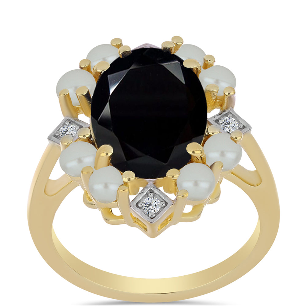 Pozlacený Stříbrný Prsten se Sladkovodní perlou v podobě Tahitské zelené iluze a Černým Onyxem 3 