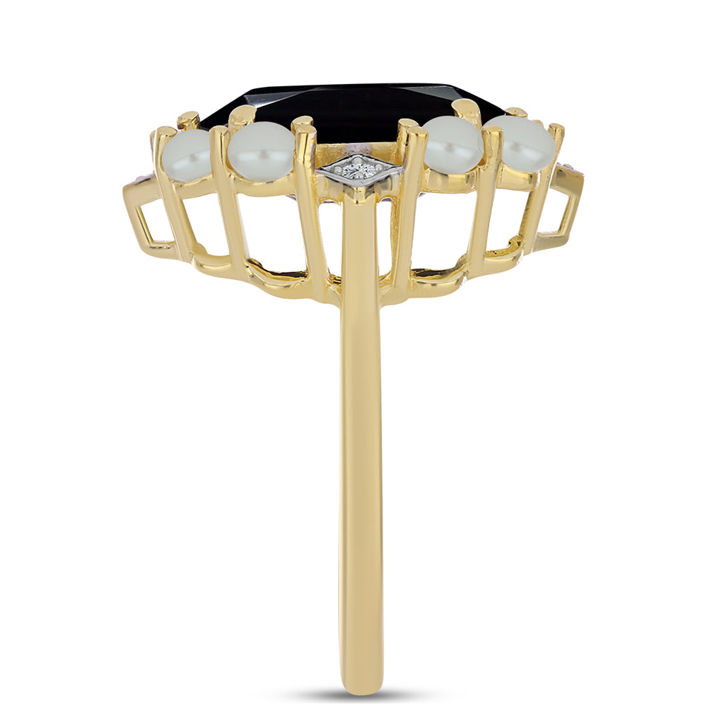 Pozlacený Stříbrný Prsten se Sladkovodní perlou v podobě Tahitské zelené iluze a Černým Onyxem 4 