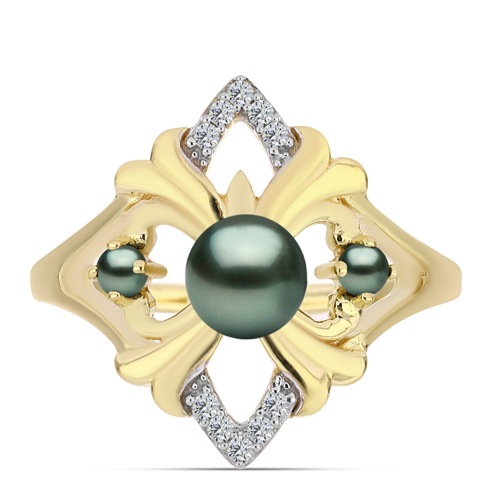 Pozlacené stříbro 925/1000 Prsten se Sladkovodní perlou v podobě Tahitské zelené iluze a Bílým Topazem - Karátové číslo: 0.46. přibližná hmotnost: 3.65 gramů