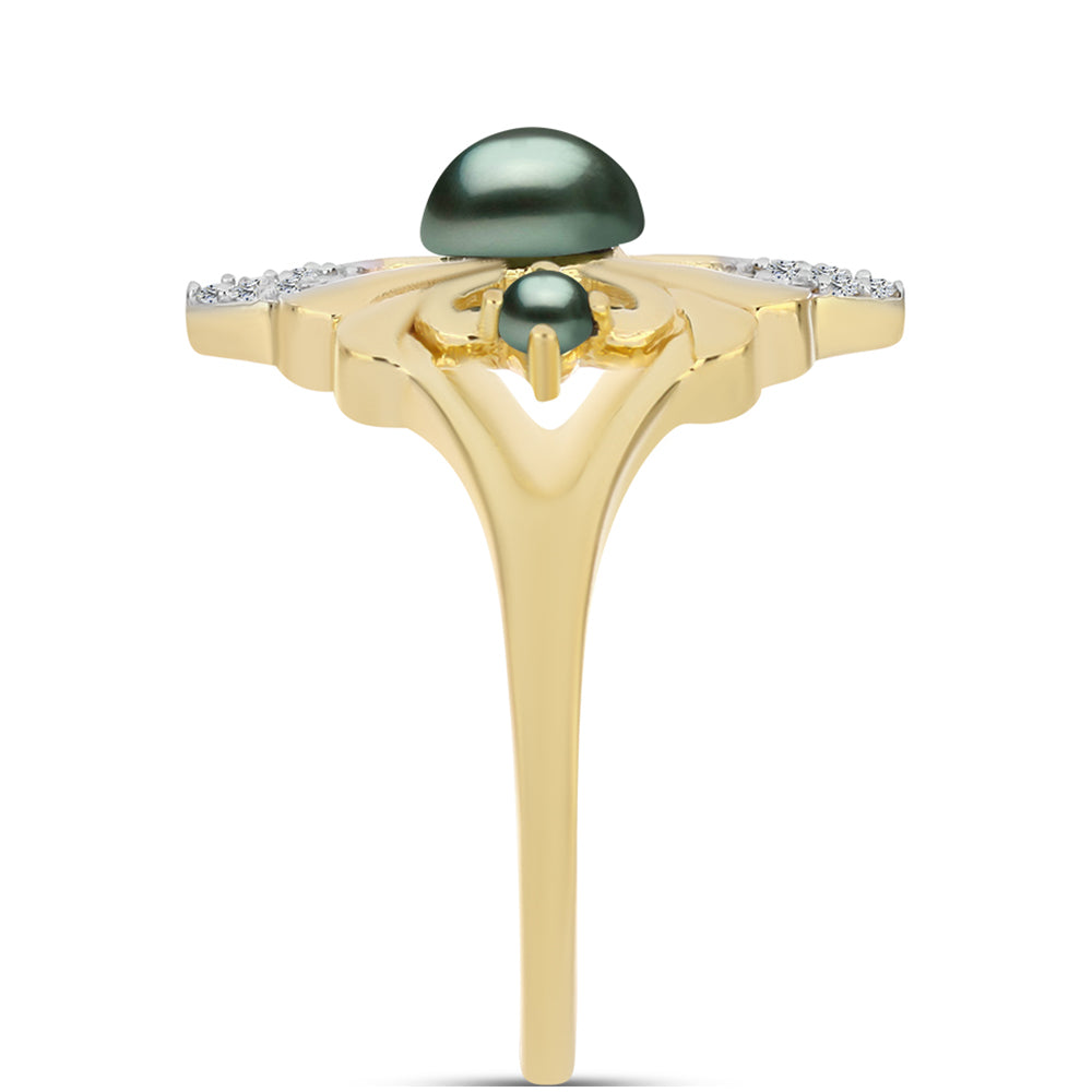 Pozlacené stříbro 925/1000 Prsten se Sladkovodní perlou v podobě Tahitské zelené iluze a Bílým Topazem - Karátové číslo: 0.46. přibližná hmotnost: 3.65 gramů 4 