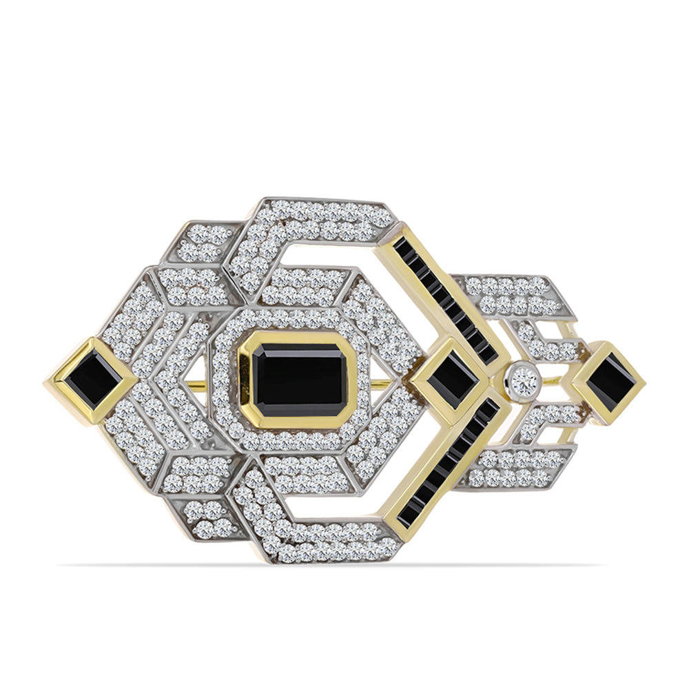 Pozlacený 925 / 1000 Sterlingové Stříbro Brož s Černým Onyxem a Bílým Topazem 1 