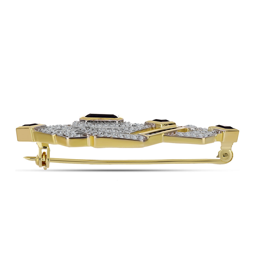 Pozlacený 925 / 1000 Sterlingové Stříbro Brož s Černým Onyxem a Bílým Topazem