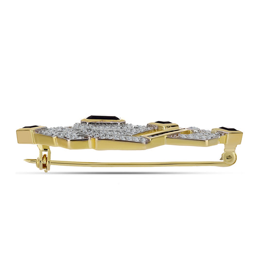 Pozlacený 925 / 1000 Sterlingové Stříbro Brož s Černým Onyxem a Bílým Topazem