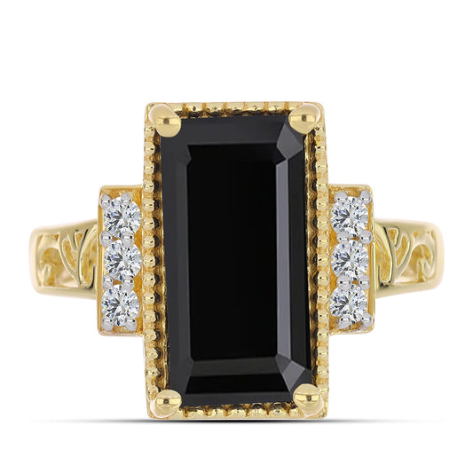 Pozlacený Stříbrný Prsten s Černým Onyxem a Bílým Topazem