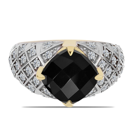 Pozlacený Stříbrný Prsten s Černým Onyxem a Bílým Topazem