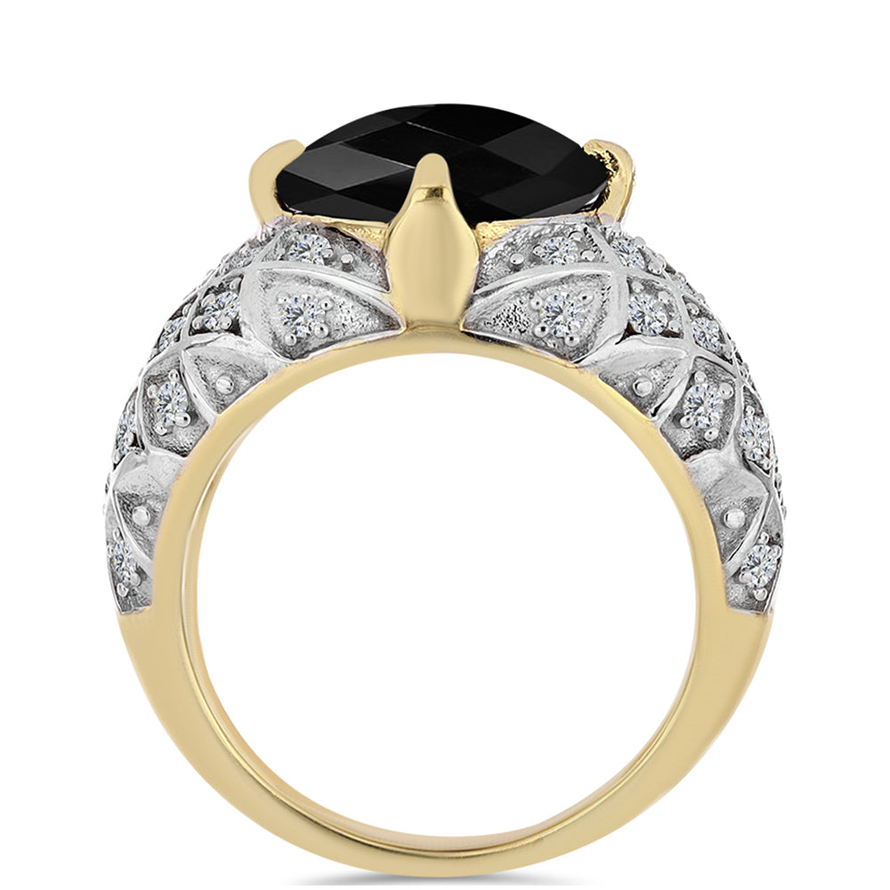 Pozlacený Stříbrný Prsten s Černým Onyxem a Bílým Topazem