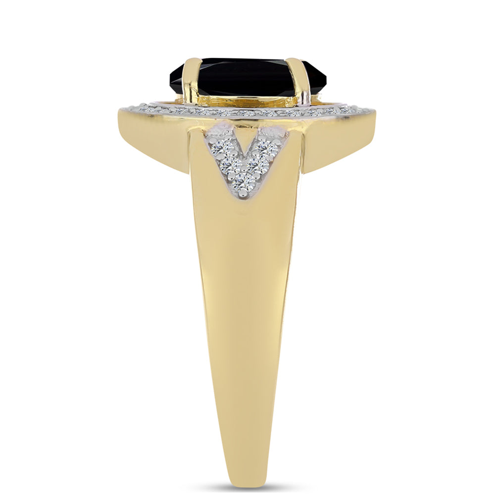 Pozlacené Stříbro 925/1000 - Prsten s Černým Onyxem a Bílým Topazem - Karátové číslo: 2.04. přibližná hmotnost: 4.62 gramů