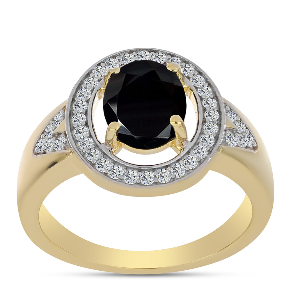 Pozlacené Stříbro 925/1000 - Prsten s Černým Onyxem a Bílým Topazem - Karátové číslo: 2.04. přibližná hmotnost: 4.62 gramů