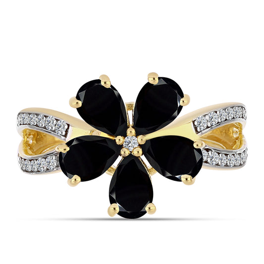 Pozlacený 925 / 1000 Sterlingové Stříbro Prsten s Černým Onyxem a Bílým Topazem