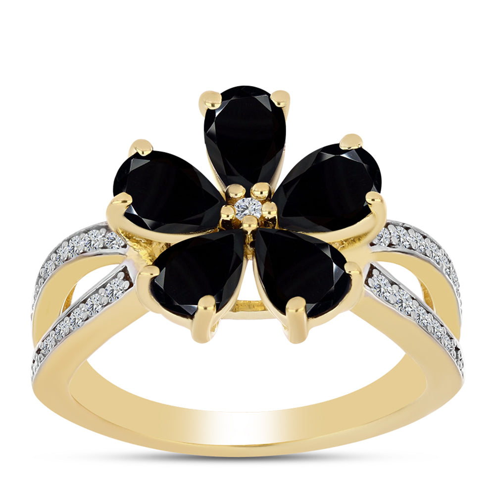 Pozlacený 925 / 1000 Sterlingové Stříbro Prsten s Černým Onyxem a Bílým Topazem