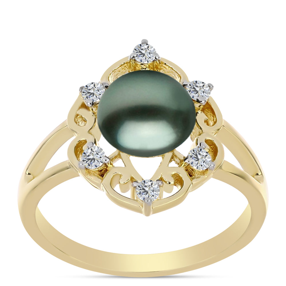 Pozlacený Stříbrný Prsten se Sladkovodní perlou v podobě Tahitské zelené iluze a Bílým Topazem