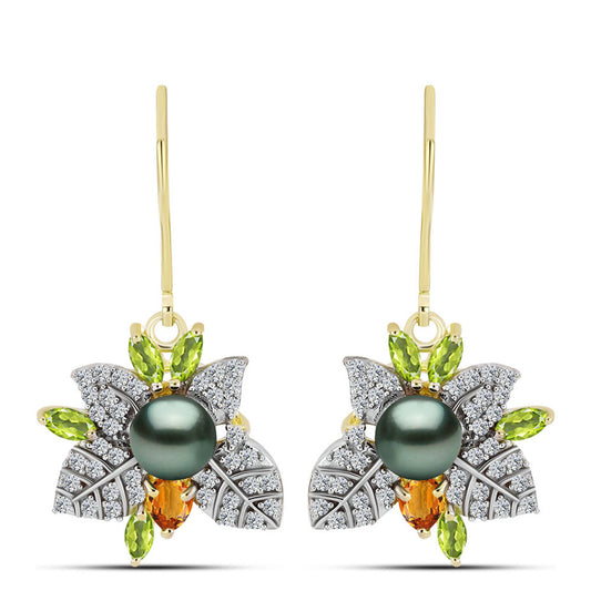 Pozlacené Stříbrné Náušnice se Sladkovodní perlou v podobě Tahitské zelené iluze a Uralským Citrínem