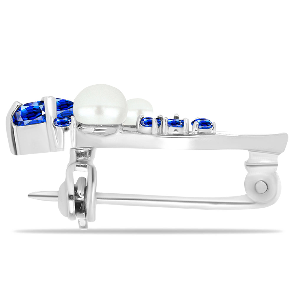 Stříbro 925/1000 Brož s Australským Modrým Safírem a Bílou Sladkovodní Perlou - Karátové číslo: 1.34. přibližná hmotnost: 1.58 gramů 2 