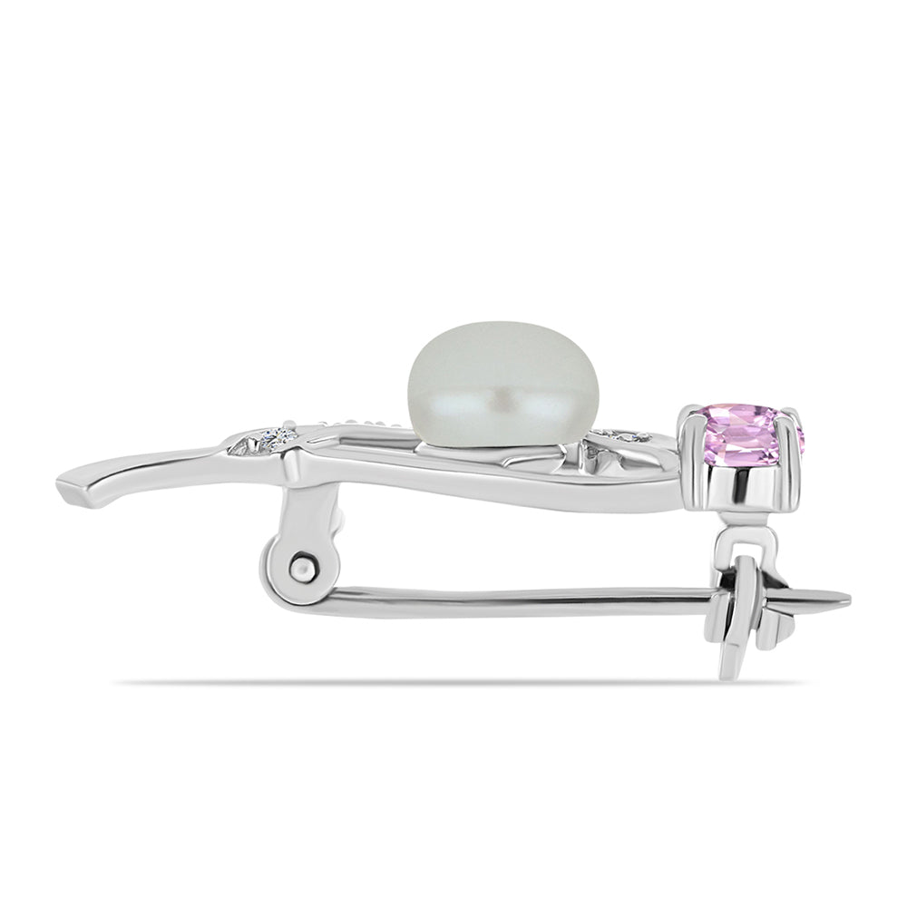 Stříbro 925/1000 - Brož s Kunzitem z Pala a Bílou Sladkovodní Perlou - Karátové číslo: 1.74. přibližná hmotnost: 1.93 gramů 2 