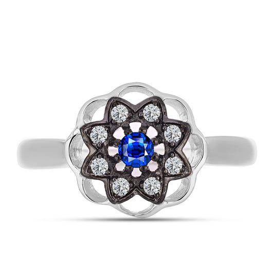 Stříbro 925/1000 - Prsten s Australským Modrým Safírem a Bílým Topazem - Karátové číslo: 0.3. přibližná hmotnost: 2.79 gramů