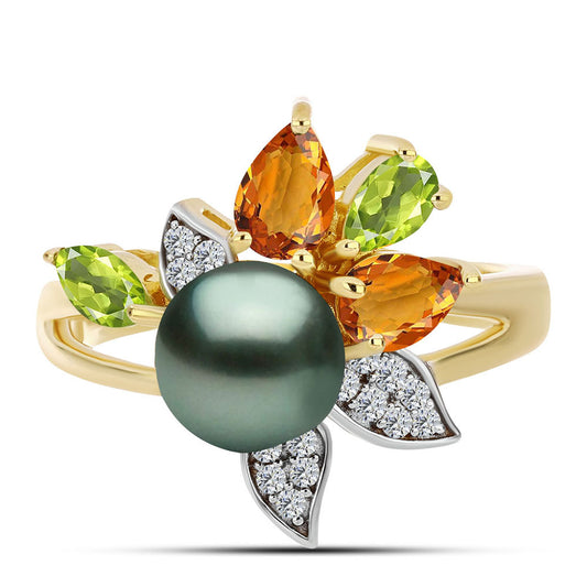 Pozlacený Stříbrný Prsten se Sladkovodní perlou v podobě Tahitské zelené iluze a Uralským Citrínem