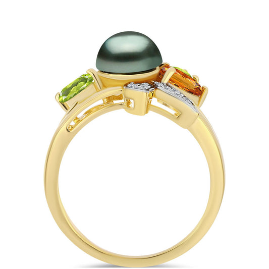 Pozlacený Stříbrný Prsten se Sladkovodní perlou v podobě Tahitské zelené iluze a Uralským Citrínem