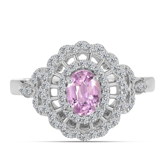 Stříbro 925/1000 Prsten s Kunzitem z Pala a Bílým Topazem - Karátové číslo: 1.54. přibližná hmotnost: 3.35 gramů