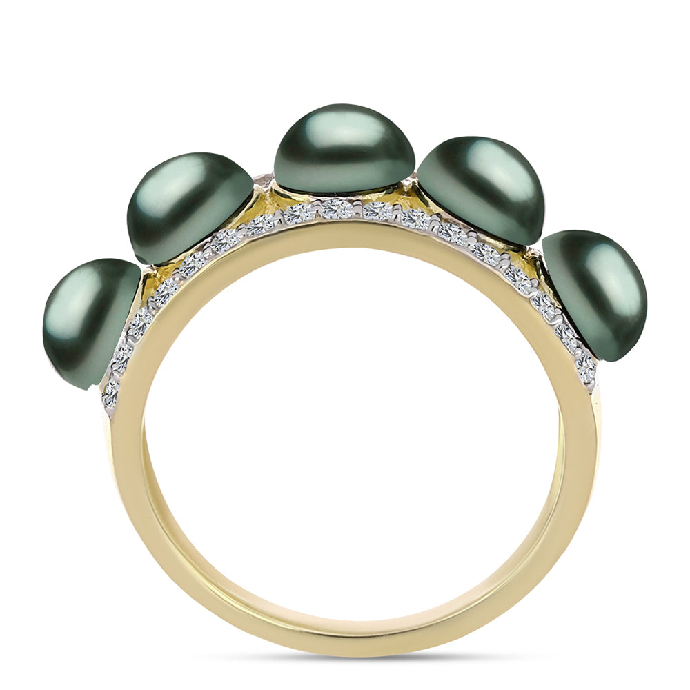 Pozlacené Stříbro 925/1000 - Prsten se Sladkovodní perlou v podobě Tahitské zelené iluze a Bílým Topazem - Karátové číslo: 2.17. přibližná hmotnost: 3.86 gramů