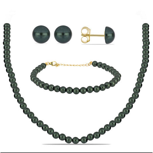 Pozlacená Stříbrná Sada se Sladkovodní perlou v podobě Tahitské zelené iluze ( Náhrdelník+Náušnice+Náramek )
