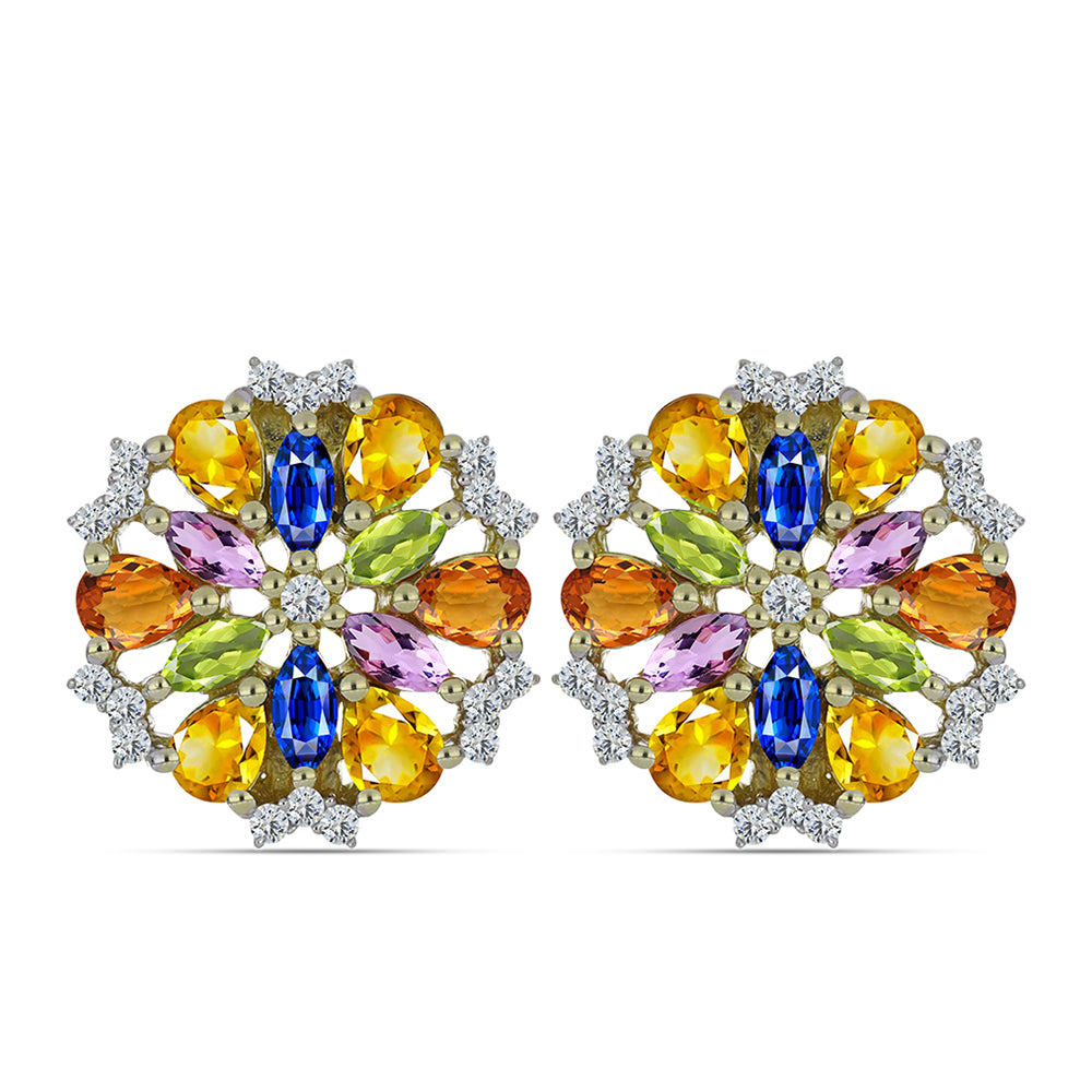 Pozlacené 925 / 1000 Sterlingové Stříbro Náušnice s Duhovým Safírem a Bílým Topazem