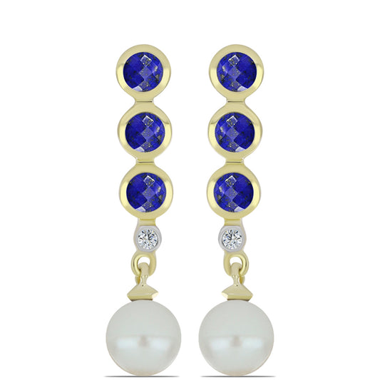Pozlacené stříbro 925/1000 Náušnice s Lapisem Lazuli a Bílou Sladkovodní Perlou - Karátové číslo: 3.85. přibližná hmotnost: 3.73 gramů