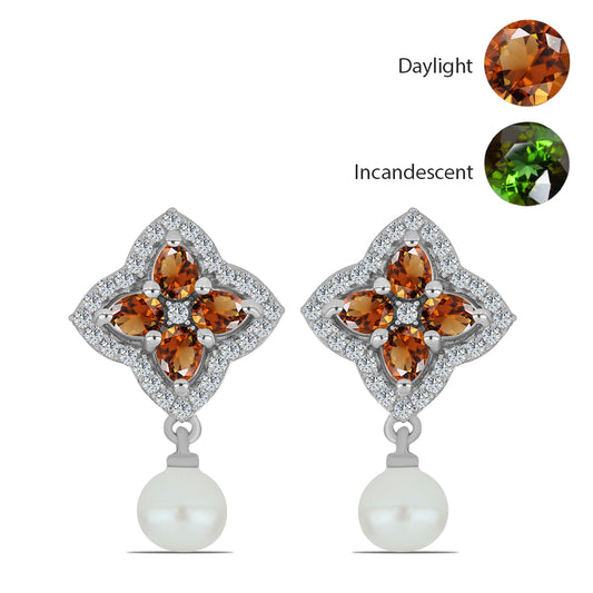 Stříbro 925/1000 - Náušnice s Certifikovaný Anatolským zultanitem pěstovaný v laboratoři a Bílou Sladkovodní Perlou - Karátové číslo: 5.02. přibližná hmotnost: 5.49 gramů