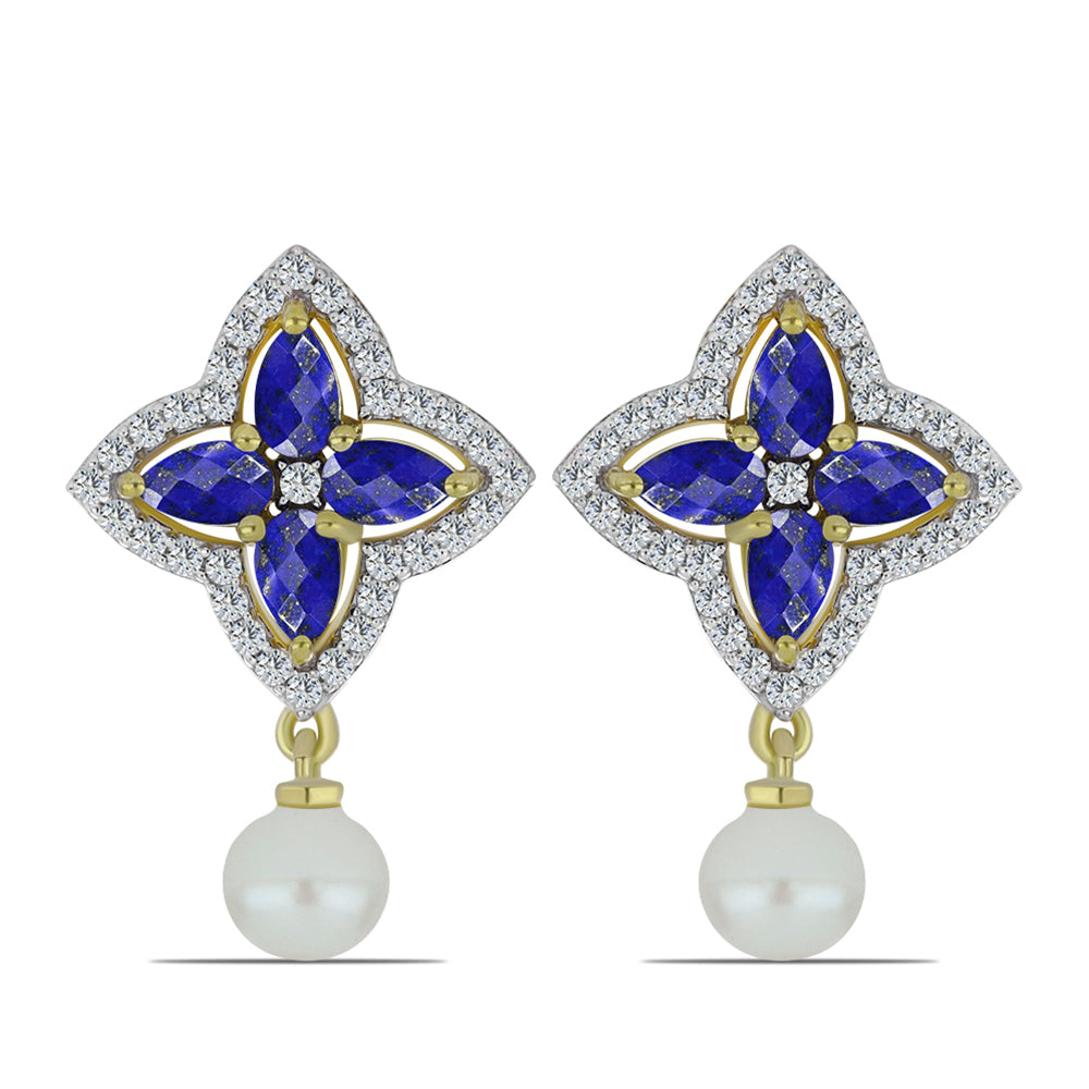 Pozlacené Stříbrné Náušnice s Lapisem Lazuli a Bílou Sladkovodní Perlou