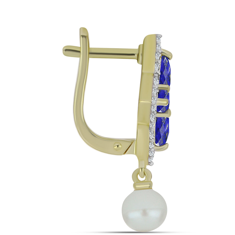 Pozlacené Stříbrné Náušnice s Lapisem Lazuli a Bílou Sladkovodní Perlou