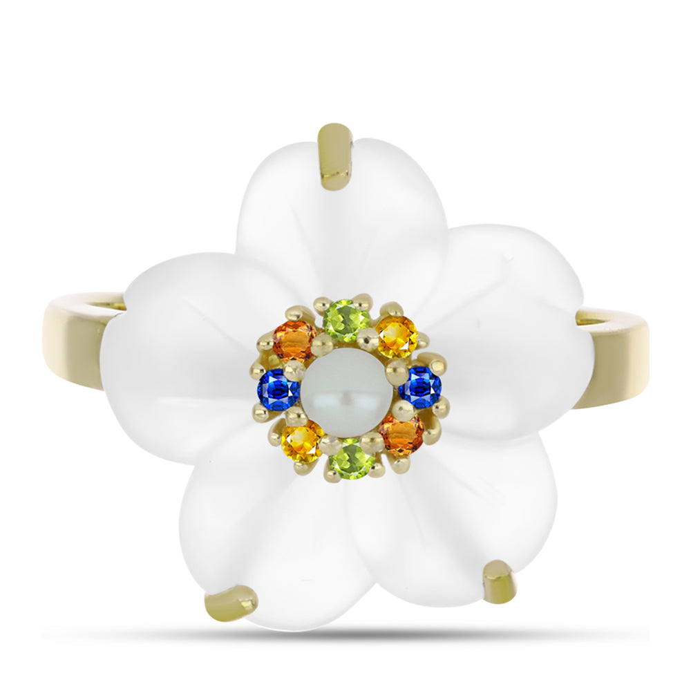 Pozlacené Stříbro 925/1000 - Prsten s Duhovým Safírem a Bílou Sladkovodní Perlou - Karátové číslo: 5.91. přibližná hmotnost: 4.21 gramů 1 