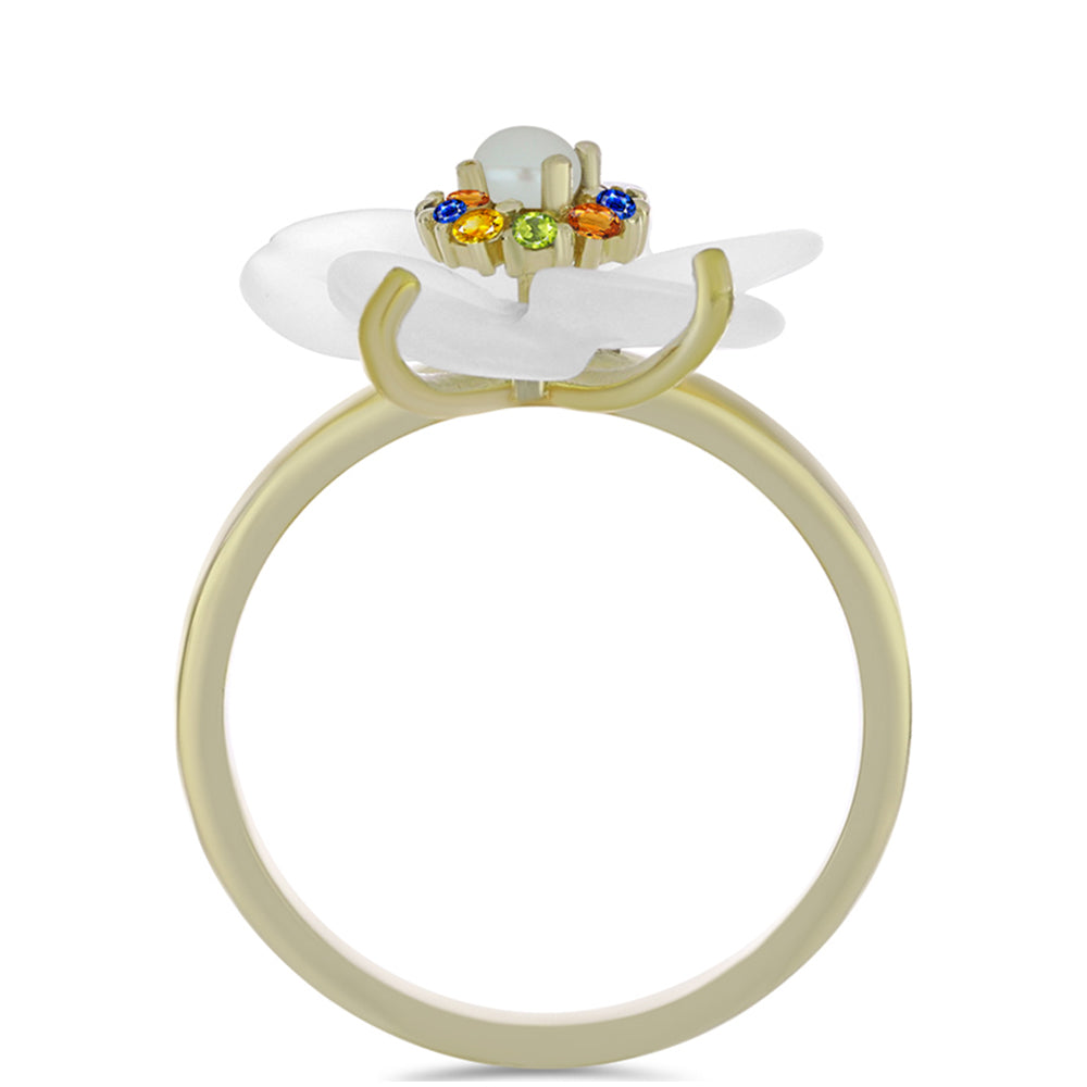 Pozlacené Stříbro 925/1000 - Prsten s Duhovým Safírem a Bílou Sladkovodní Perlou - Karátové číslo: 5.91. přibližná hmotnost: 4.21 gramů 2 