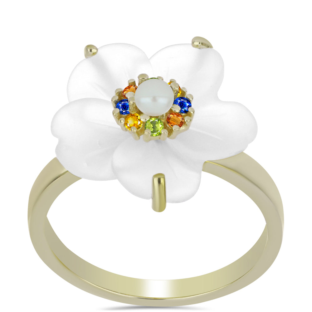 Pozlacené Stříbro 925/1000 - Prsten s Duhovým Safírem a Bílou Sladkovodní Perlou - Karátové číslo: 5.91. přibližná hmotnost: 4.21 gramů 3 