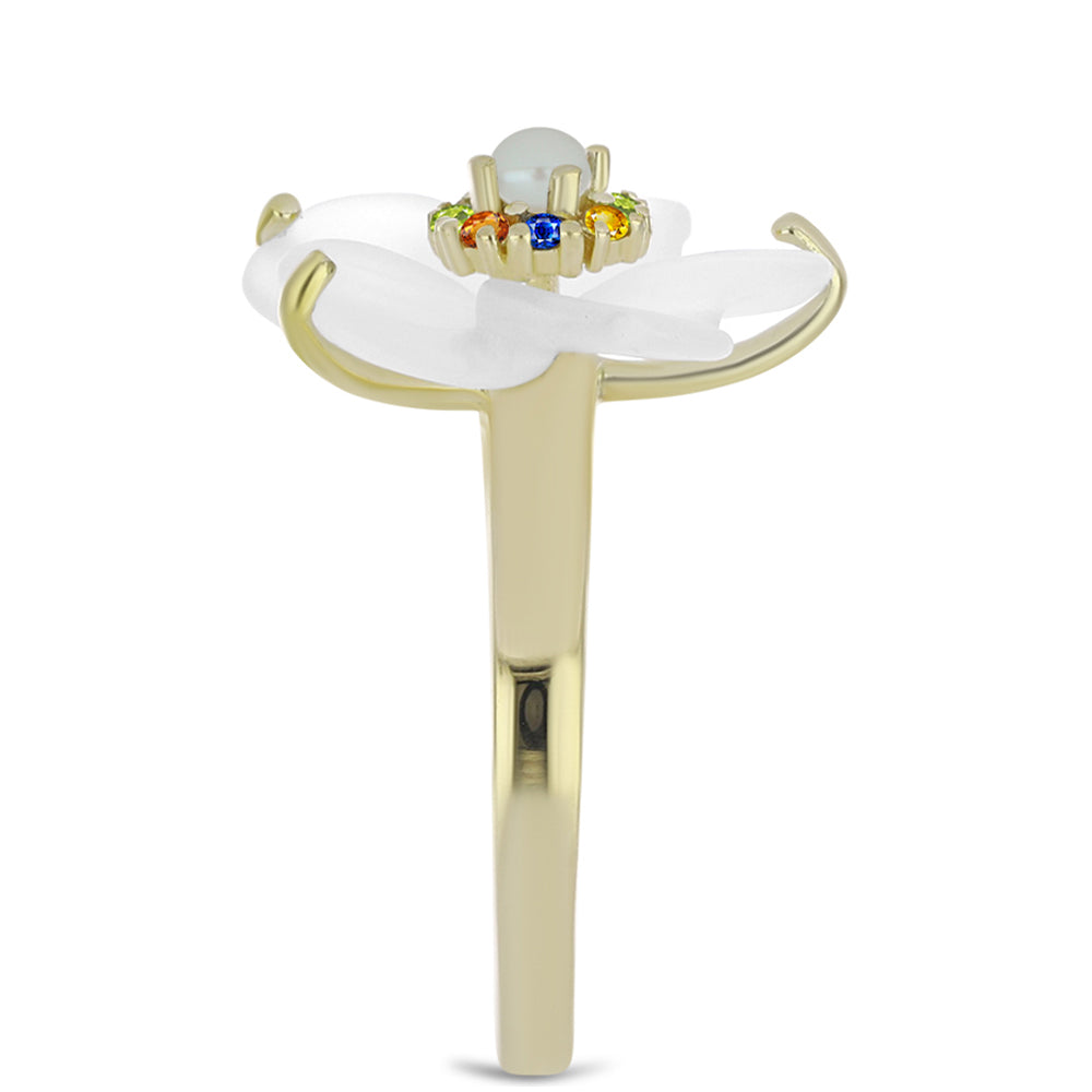 Pozlacené Stříbro 925/1000 - Prsten s Duhovým Safírem a Bílou Sladkovodní Perlou - Karátové číslo: 5.91. přibližná hmotnost: 4.21 gramů