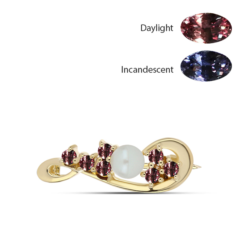 Pozlacené Stříbro 925/1000 - Brož s Tsivorským Měňavým Granátem a Bílou Sladkovodní Perlou - Karátové číslo: 0.9. přibližná hmotnost: 2.38 gramů 1 