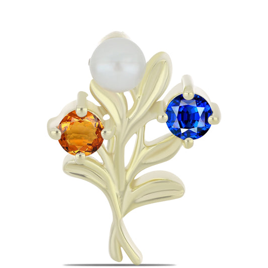 Pozlacené Stříbro 925/1000 - Brož s Duhovým Safírem a Bílou Sladkovodní Perlou - Karátové číslo: 1.27. přibližná hmotnost: 3.15 gramů