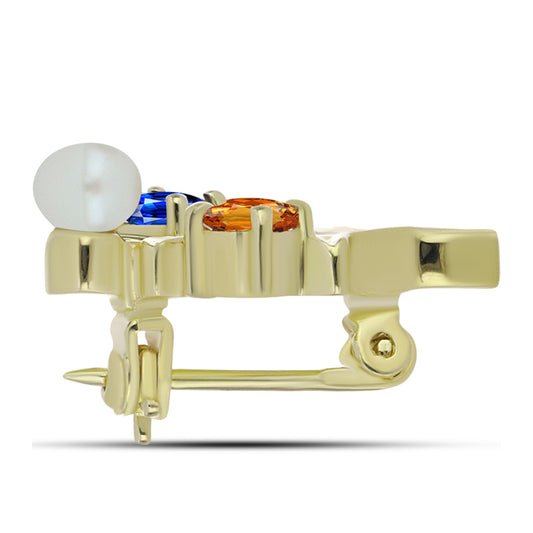 Pozlacené Stříbro 925/1000 - Brož s Duhovým Safírem a Bílou Sladkovodní Perlou - Karátové číslo: 1.27. přibližná hmotnost: 3.15 gramů