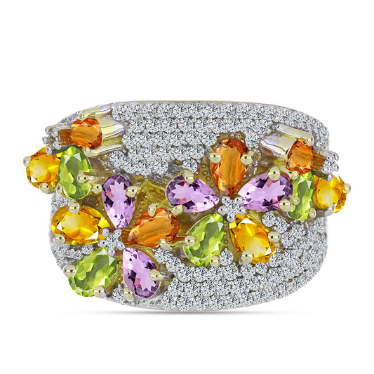 Pozlacené Stříbro 925/1000 - Prsten s Duhovým Safírem a Bílým Topazem - Karátové číslo: 5.44. přibližná hmotnost: 11.23 gramů