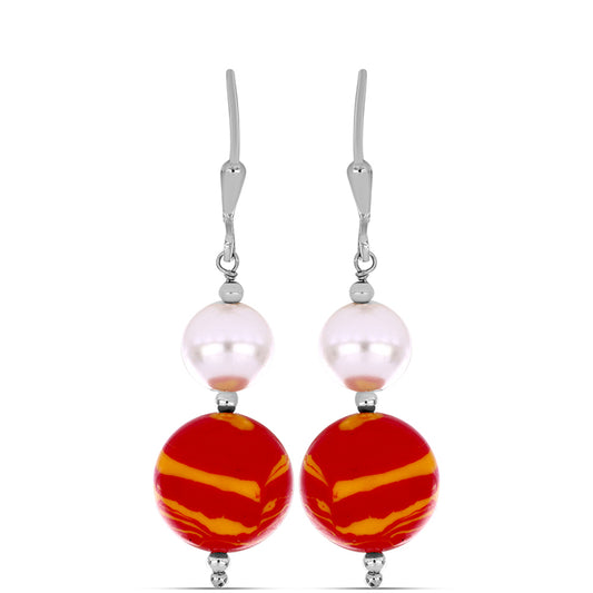 Stříbrné Náušnice s jaspisem (Lví tlapa) a Bílou Sladkovodní Perlou