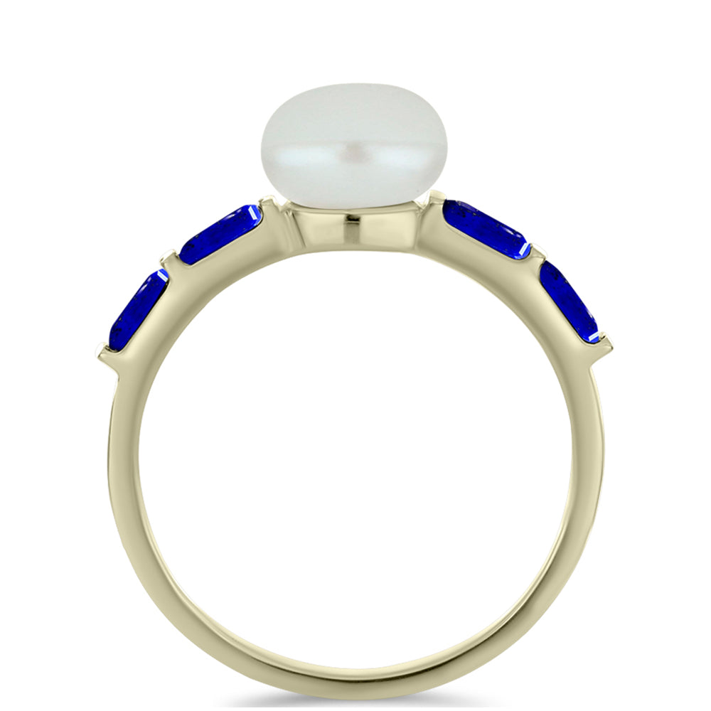 Pozlacené Stříbro 925/1000 - Prsten s Lapisem Lazuli a Bílou Sladkovodní Perlou - Karátové číslo: 3.08. přibližná hmotnost: 2.67 gramů