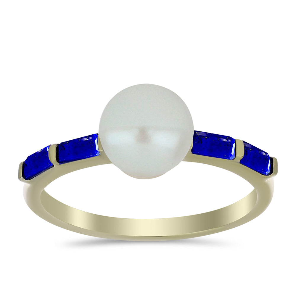 Pozlacené Stříbro 925/1000 - Prsten s Lapisem Lazuli a Bílou Sladkovodní Perlou - Karátové číslo: 3.08. přibližná hmotnost: 2.67 gramů 1 