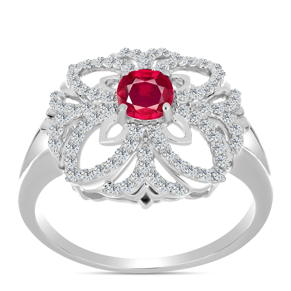 Stříbro 925/1000 - Prsten s Madagaskarským Rubínem a Bílým Topazem - Karátové číslo: 1.33. přibližná hmotnost: 4.16 gramů