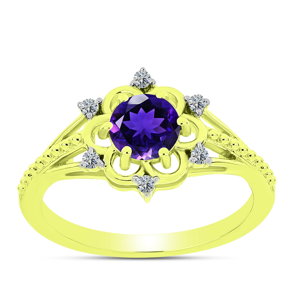 Pozlacené Stříbro 925/1000 - Prsten s Marockým Ametystem a Bílým Topazem - Karátové číslo: 0.83. přibližná hmotnost: 2.77 gramů